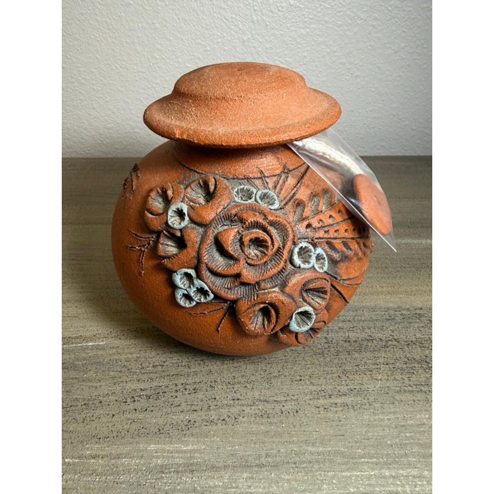 Signed Studio Pottery Oil Lamp 2001 Handmade Terracotta Floral – Decorative Only